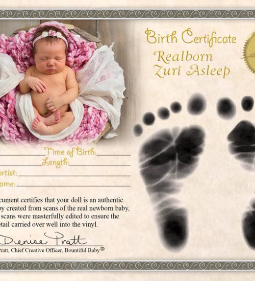 Reborn Dolls Kits - Realborn Sleeping Zuri certificate