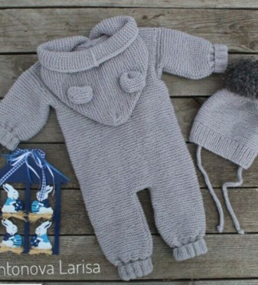 Reborn doll clothes - Knitted grey baby outfit with hoodie and pom pom hat